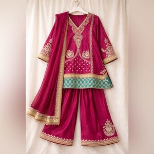 3 Piece ETHNC shalwar kameez Embroidered Magenta Tunic with Gold & Teal Accents